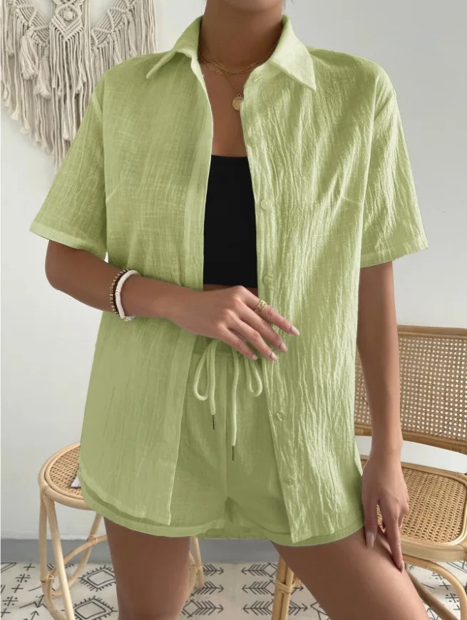 

Women Cotton Suit Short Sleeve Casual Elegant Green Two Piece Set Women Outfit Suit Shorts And Shirt For New In Matching Sets