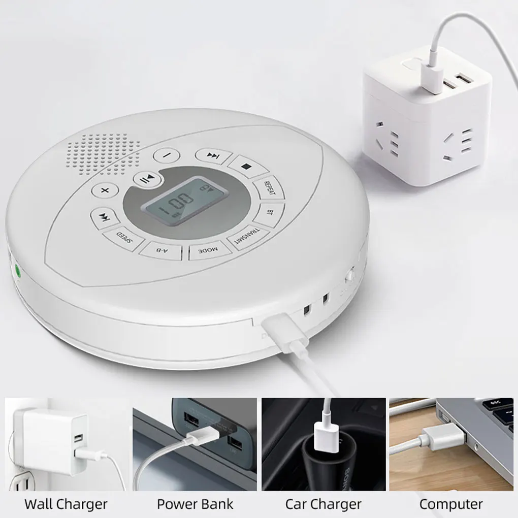 White Portable CD Player Bluetooth CD Walkman Built in Speakers Rechargeable CD Player with USB/AUX/Headphone Port with Earphone