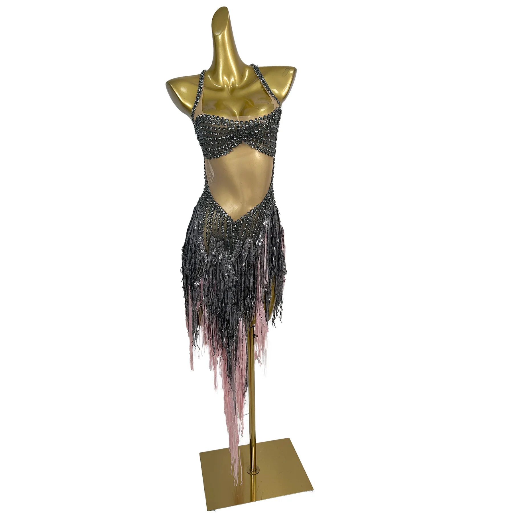 Shuini Sexy Women Mesh Latin Dance Dress Shiny Black Rhinestone Fringe Skirt Bar Stage Performance Dress Birthday Prom Gowns