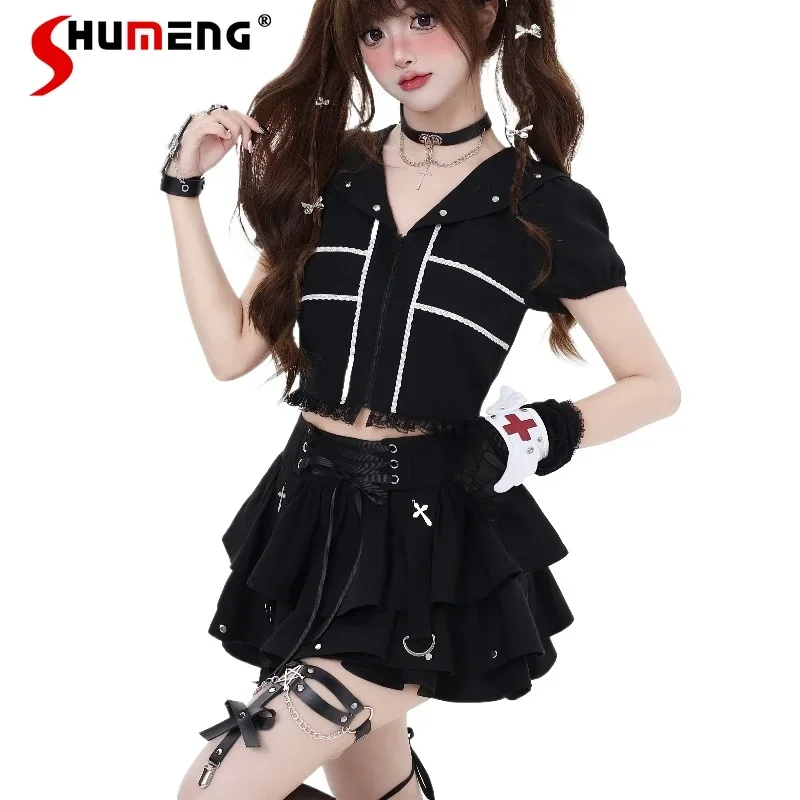 Punk Aesthetics Black Color Skirts Original Soft Girl Straps Fashion Design Sense High Waist Short Cake Skirt Summer For Women