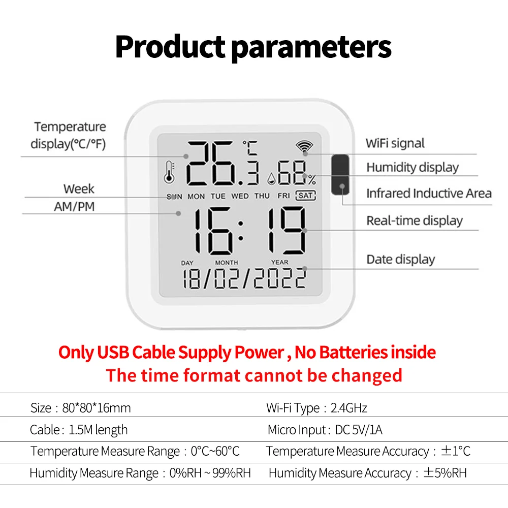 Tuya Temperature and Humidity Smart Sensor With Backlight for Smart Home var WiFi SmartLife Work with Alexa Google Assistant