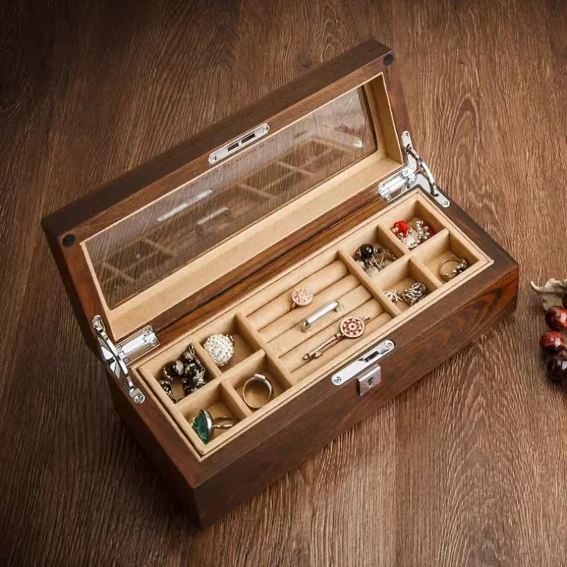 

Solid Wood Jewelry Box Large Earrings Necklaces Case with Lock Transparent Jewellery Boxes Portable Jewellery Organizer Cases