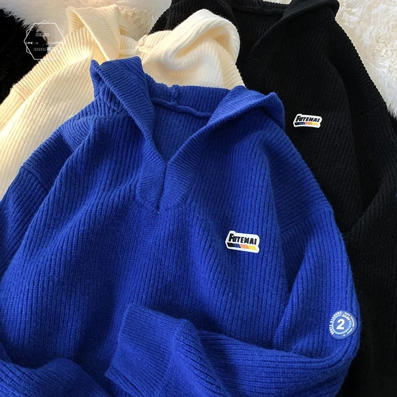 

Loose Men's V-Ne Knitwear Hooded Autumn Winter Sle Casual Loose BF Lazy Sle Blue Line Coat Jaet Long Sve Thermal Wear