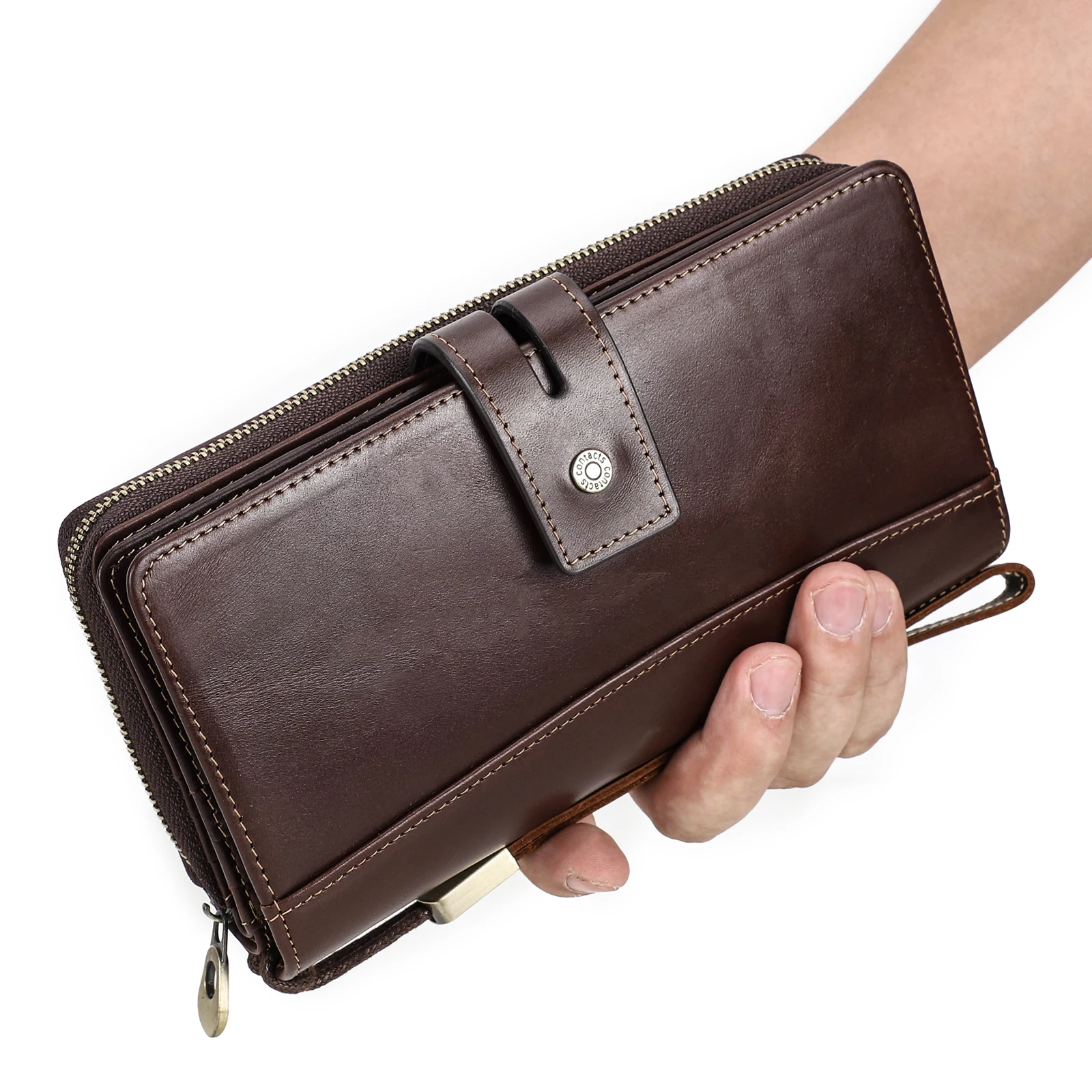 CONTACT\'S Genuine Leather Long Clutch Wallets for Men Large Capacity Men\'s Purse Card Holder Coin Purse Money Clip Phone Pocket