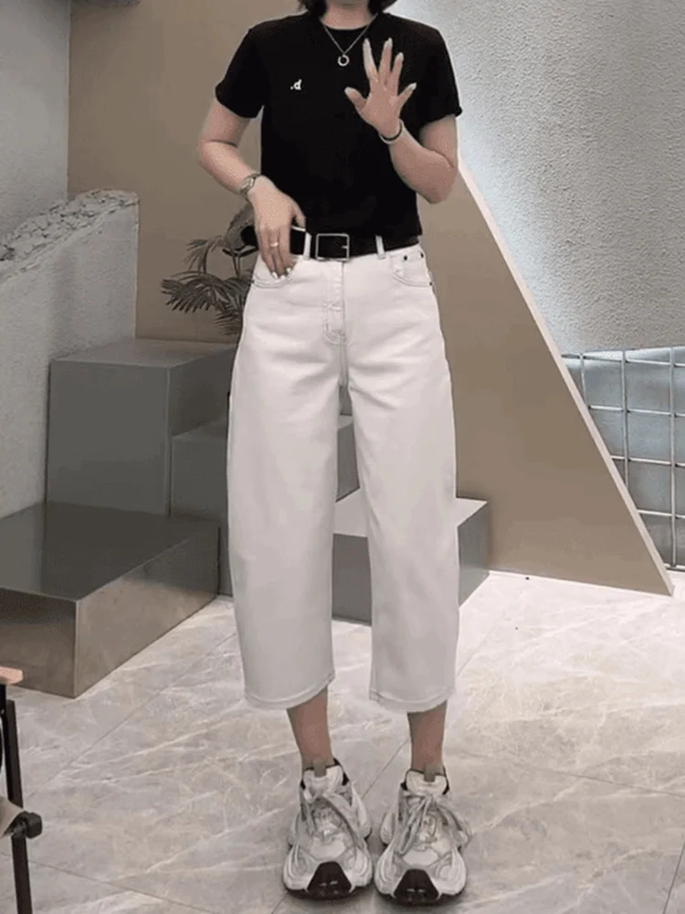 

Белые джинсы-харлан с высокой талией для женщин, летние, тонкие, новые, с высокой талией, утягивающие, широкие брюки, модные, из тонкой ткани