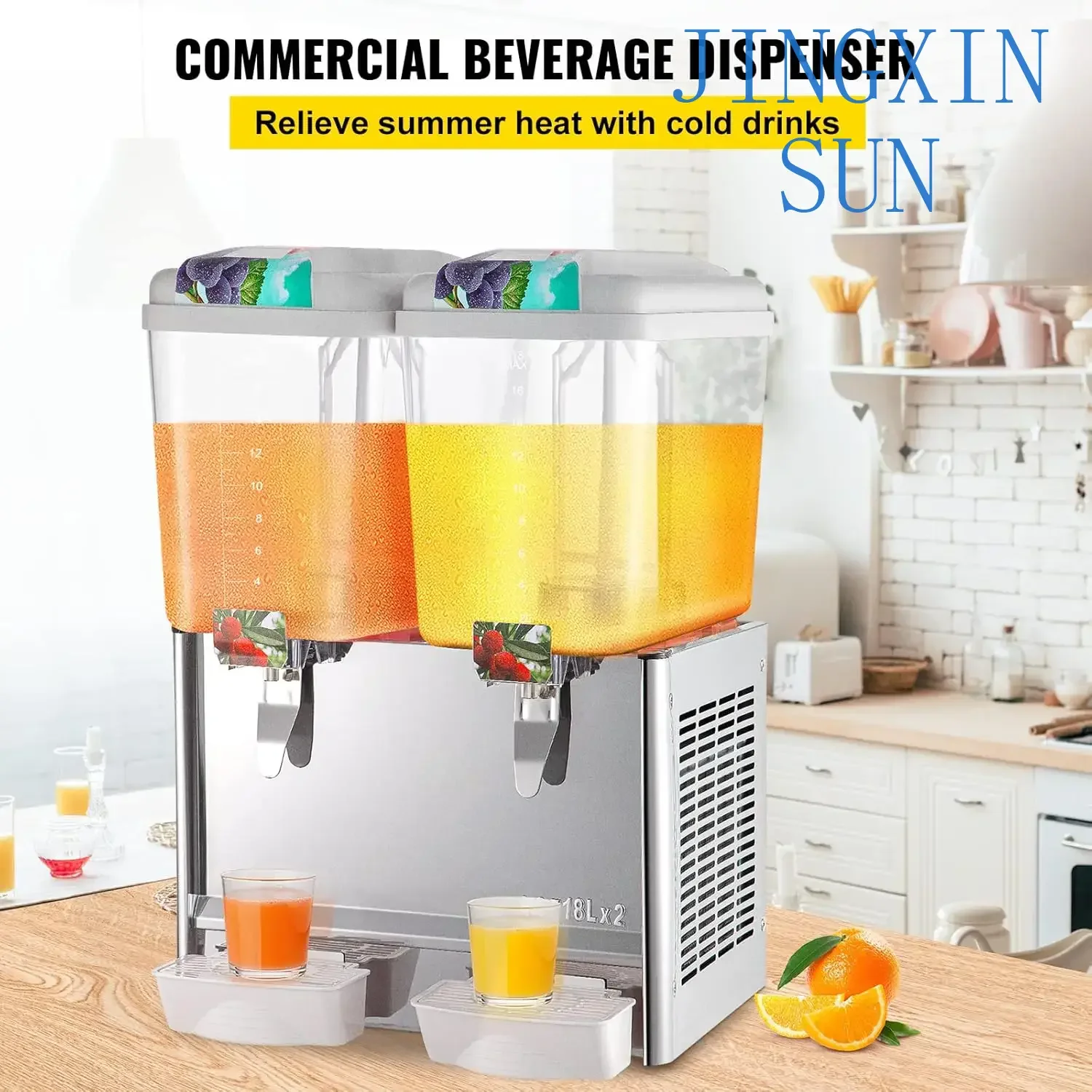 Nordic 110V Commercial Beverage Dispenser,9.5 Gallon 36L 2 Tanks Juice,18 Liter Per Tank 300W Stainless Steel