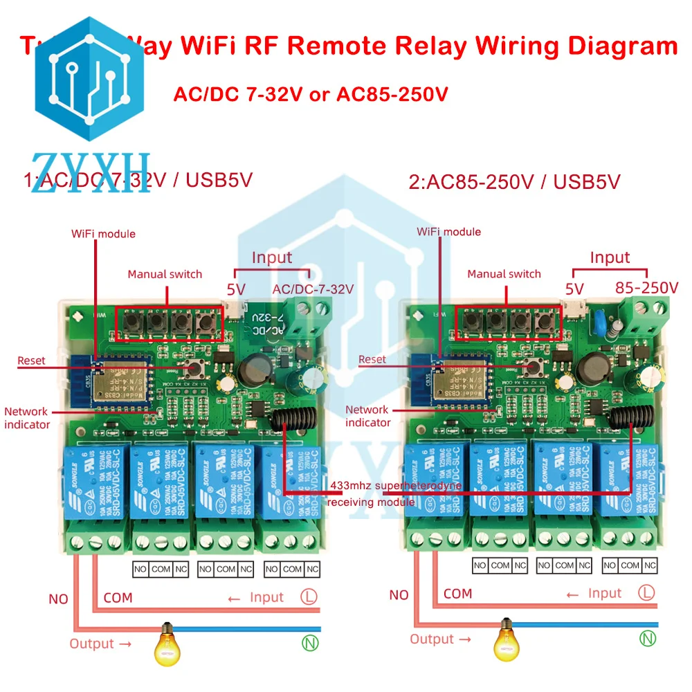 4 Channel Tuya Smart Wireless WiFi Switch Module DC 7-32V AC 85-250 USB 5V APP Remote Control with Shell Smart Home Applicance