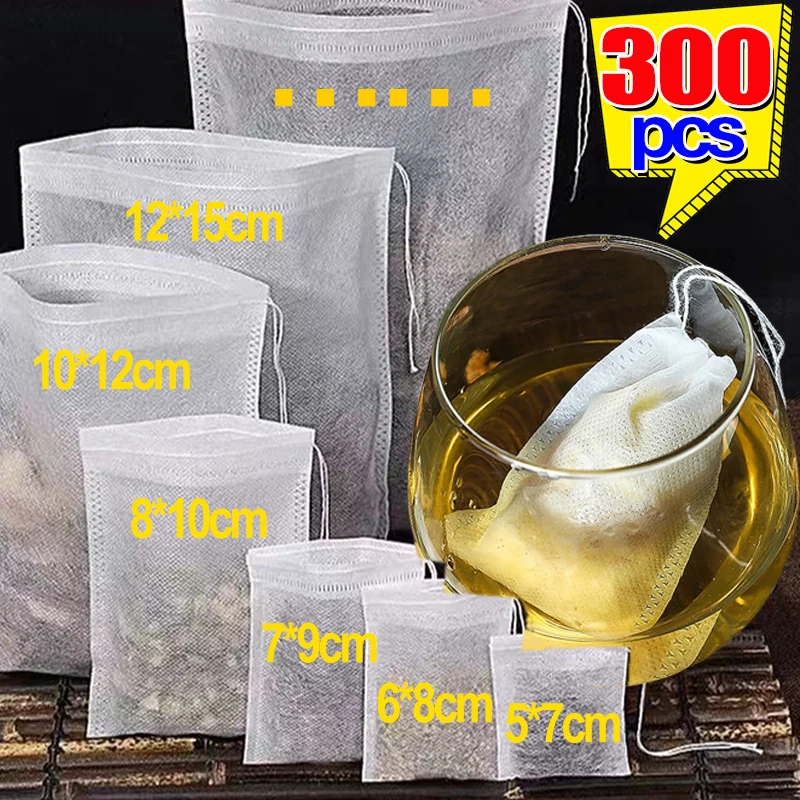 300/50PCS Disposable Tea Filter Bags Non-woven Fabric Tea Bag with Drawstring Kitchen Filter Paper for Coffee Herb Loose Tea