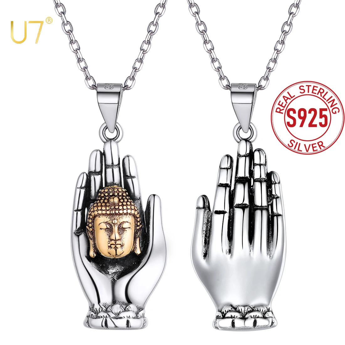 U7 النحاس Abhaya Mudra لفتة اليد 925 فضة بوذا رئيس قلادة قلادة 18 بوصة سلسلة للجنسين البوذية مجوهرات هدية #1