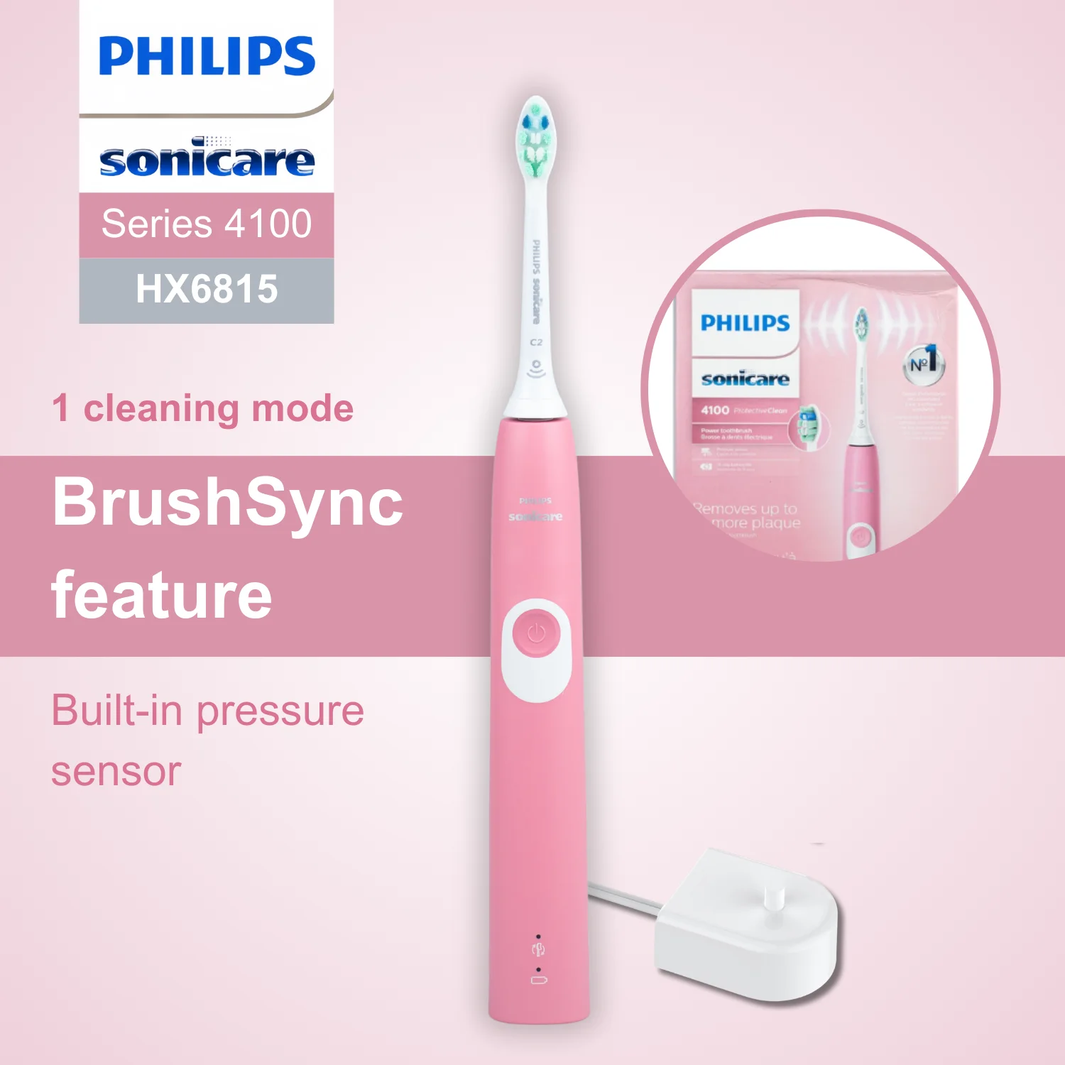 Philips Sonicare Electric Toothbrush Series 4100 HX6815, BrushSync Feature, Wet and Dry Use, 1 Toothbrush head, Plaque Removal