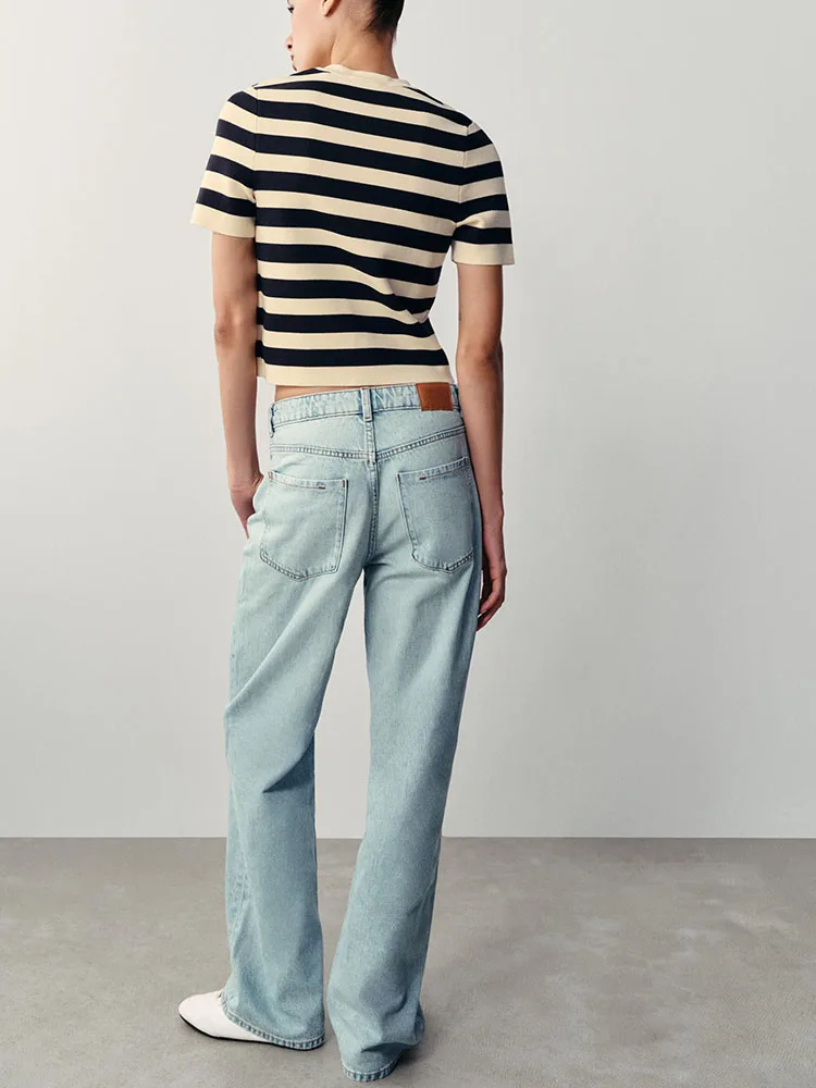 New Arrival Autumn Casual round Neck Striped Short Sleeve Knitted Open Cardigan Women's Jacket Standard Fit Button Closure