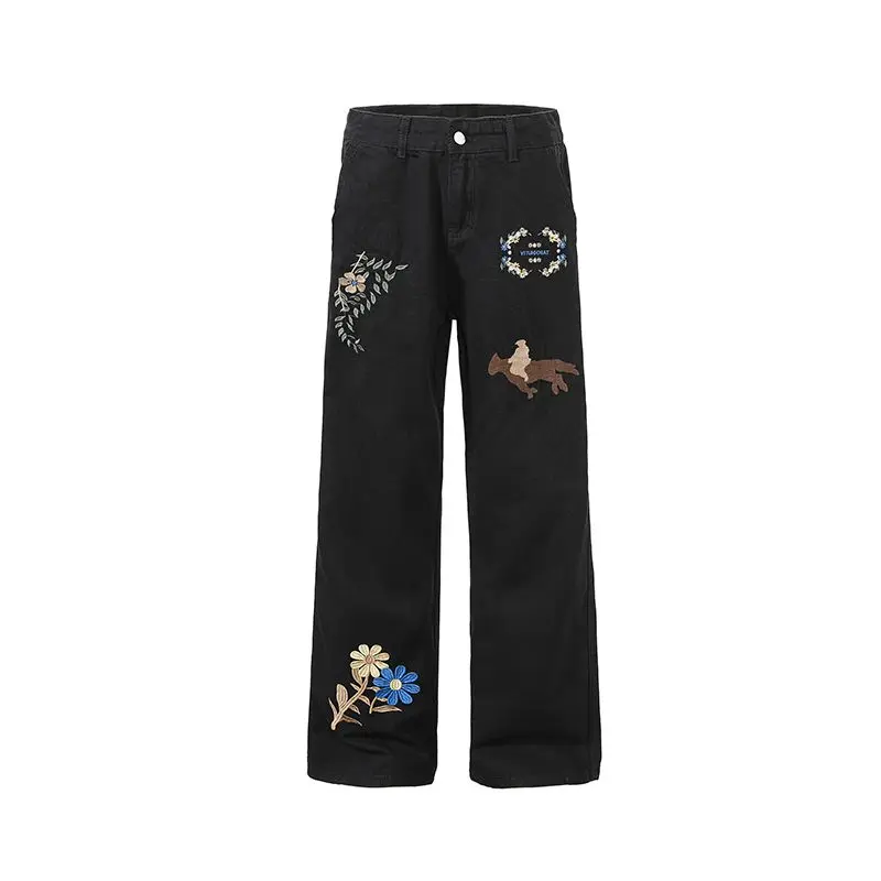 

White floral jeans light luxury niche street frying pants vibe American high street low waist slightly flared straight pants