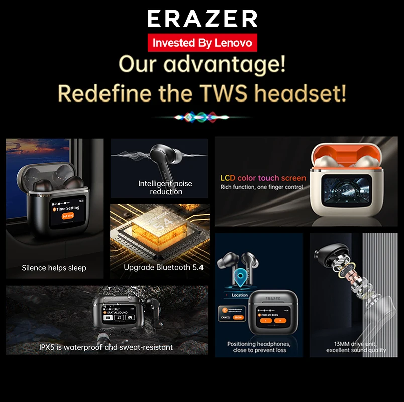 الأصلي لينوفو ERAZER XP1 سماعات بلوتوث LCD ذكي شاشة ملونة سماعات لاسلكية شاشة تعمل باللمس اللغة العالمية