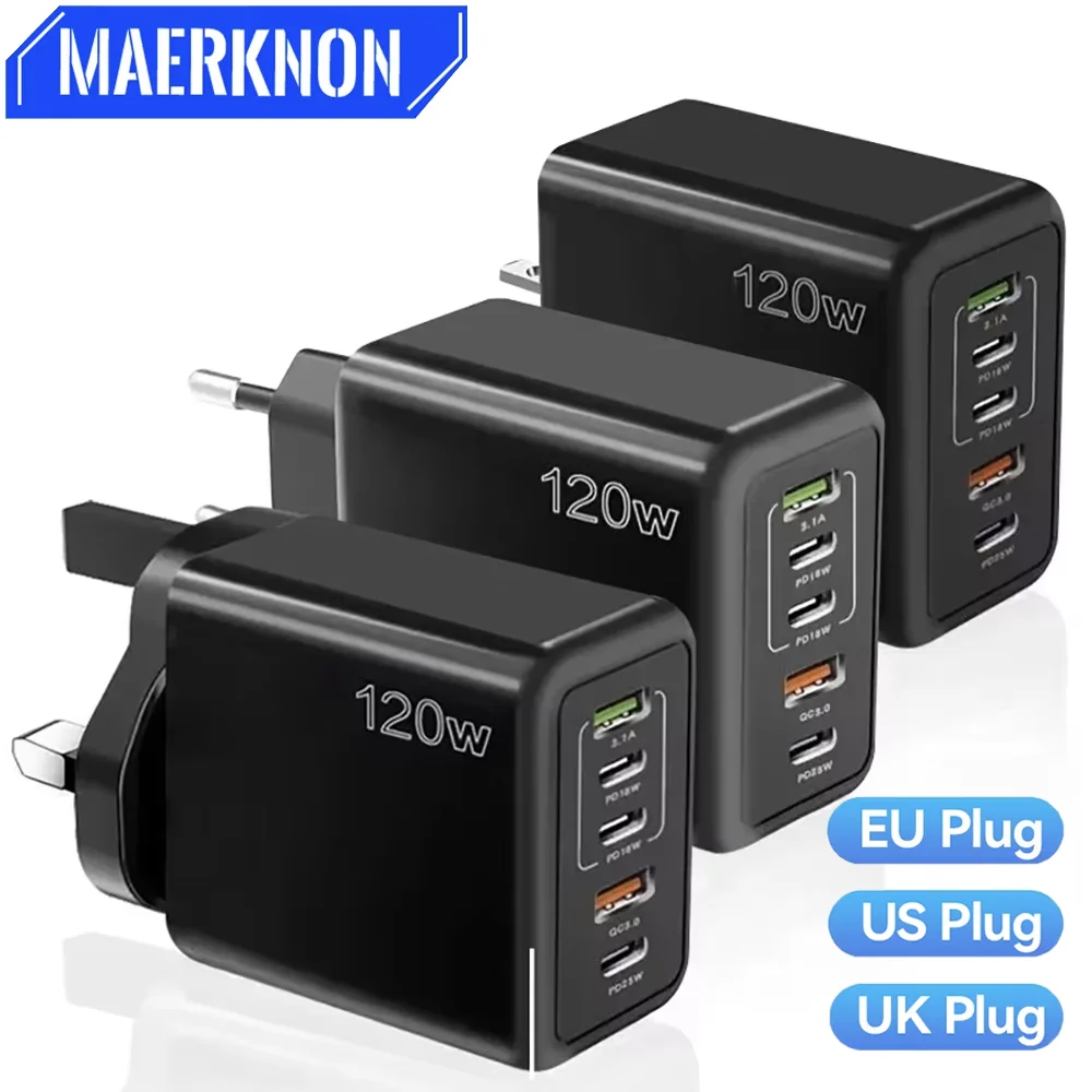 120W Fast Charger USB C Multi Ports PD Quick Charge 3.0 Wall Phone Adapter for iPhone Samsung Huawei Xiaomi Devices