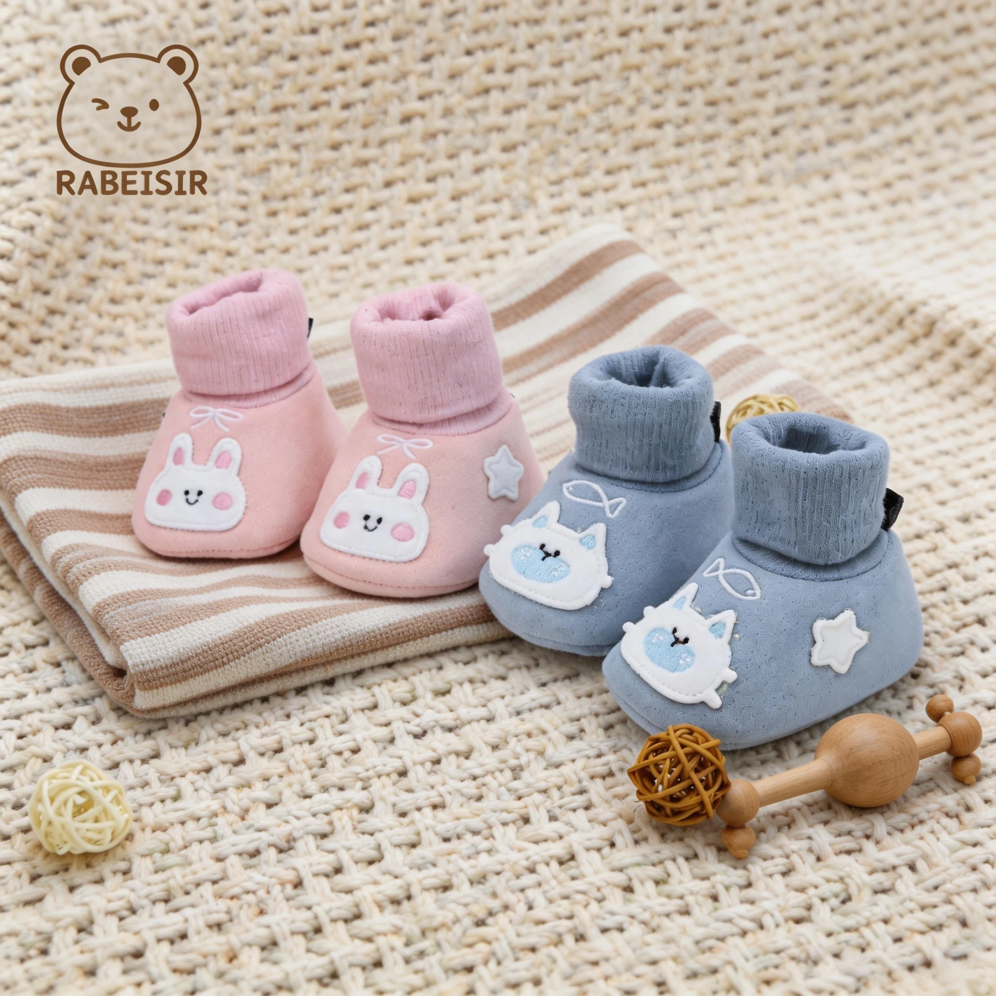 Baby Shoes Boy Girl Cartoon Bunny Cat Plush Fleece Lined Knitted Cuff Casual Soft Sole Infant First Walkers 0-18M