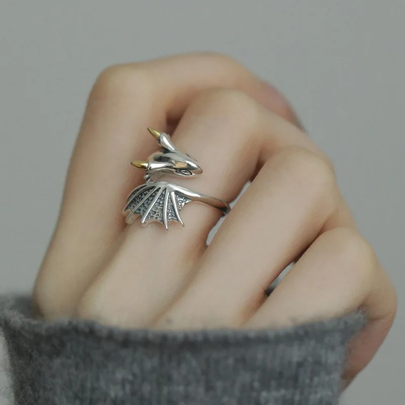 

New Hot Selling 925 Sterling Silver Little Flying Dragon Wings Punk Gothic Open Ring Handmade Jewelry Accessories Couple Gift
