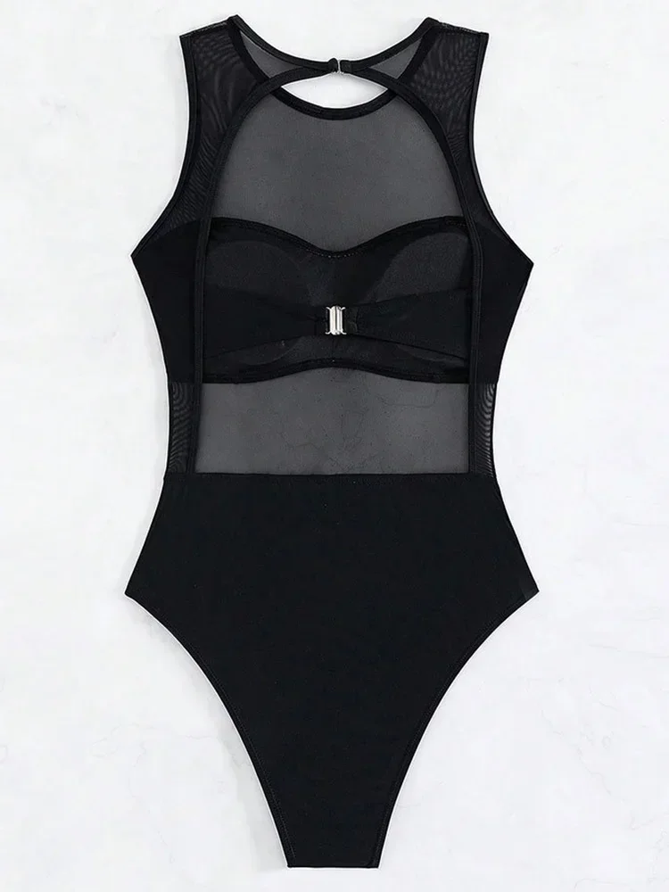 เซ็กซี่ดูผ่านตาข่ายสีดํา Sheer ผู้หญิงชุดว่ายน้ํา One Piece ชุดว่ายน้ําหญิง Monokini ชุดว่ายน้ําเปลือย Swim Beach Wear Lady