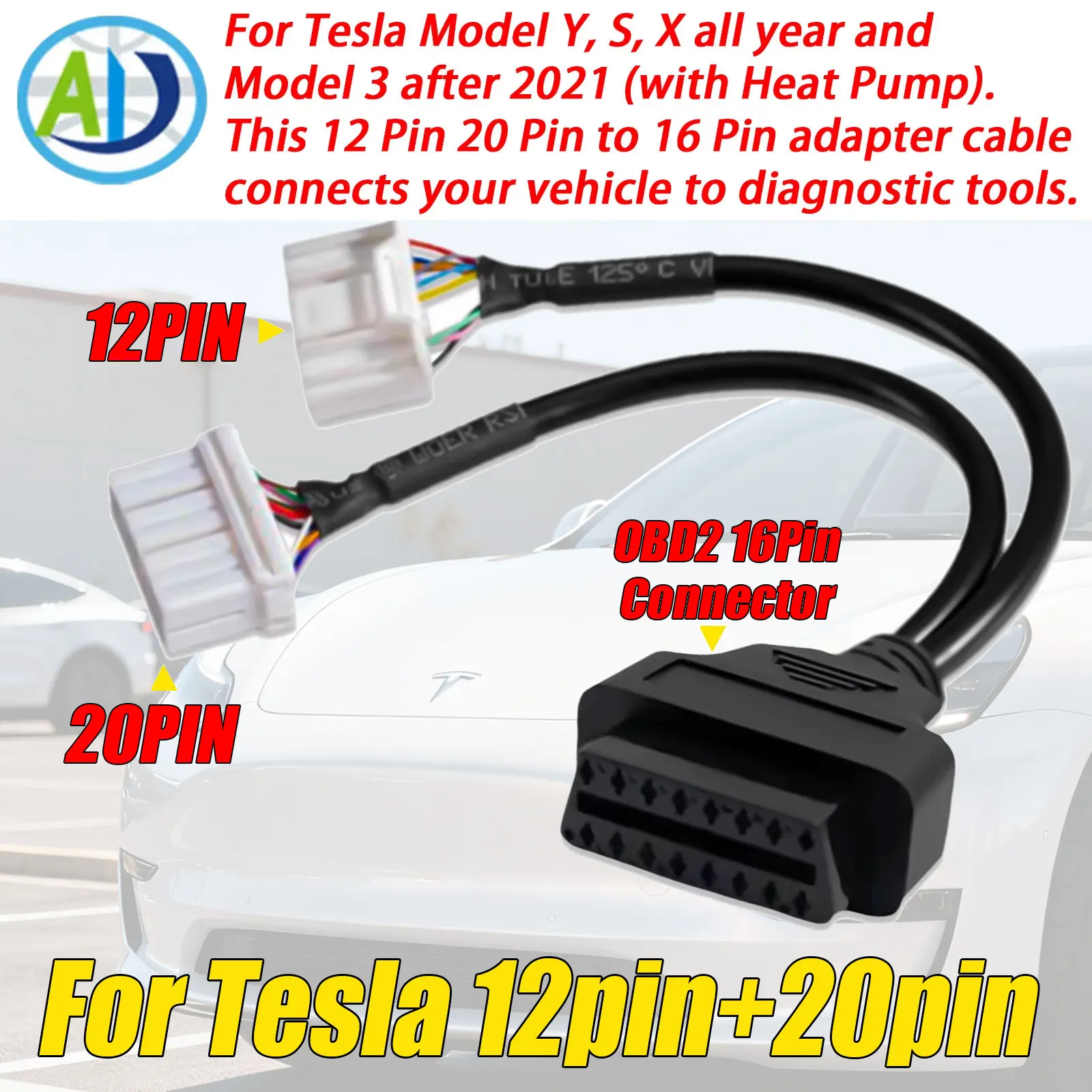 

For Tesla Model X/S/3/Y 12Pin 20Pin OBD2 Adapter Cable OBD2 Automobile Diagnostic Harness Connector for Launch/Autel Scanner