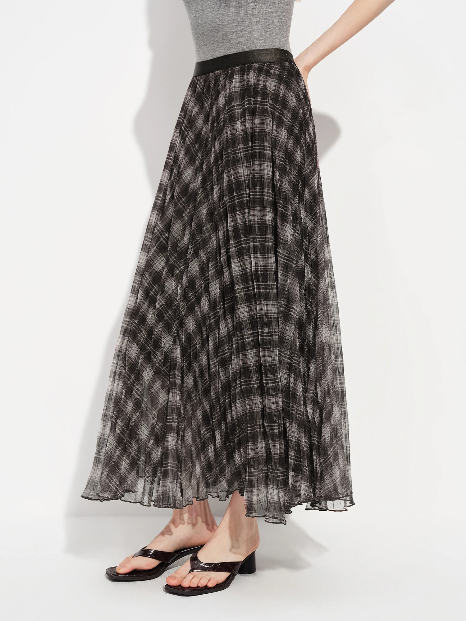 FSLE Retro Plaid Mesh A-line Skirt for Women New Spring Style for 2026 Flowing Draped Skirt Ankle-length Streetwear Citywalk Ins