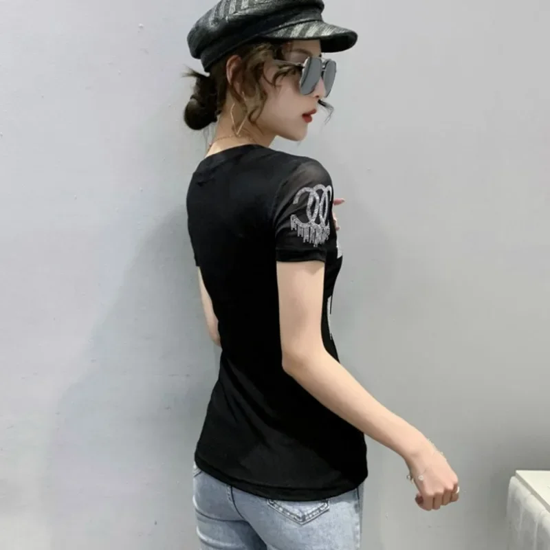 Summer Short Sleeve T Shirt  Women O-Neck Casual  T Shirt Femme Sexy Slim Mesh T-shirt Female Black White Red