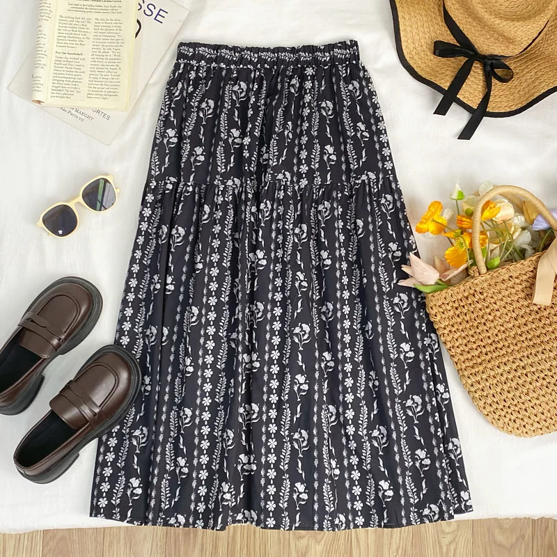 

Юбка-миди с высокой талией и цветочным принтом в стиле ретро, женская летняя новая милая свободная юбка трапециевидной формы, корейская юбка длиной до пола