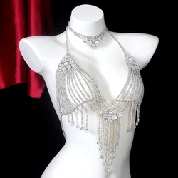 Luxurious Waterdrop Tassel Sexy Style Bra And Necklace Two Piece Set Banquet Women's Body Jewelry