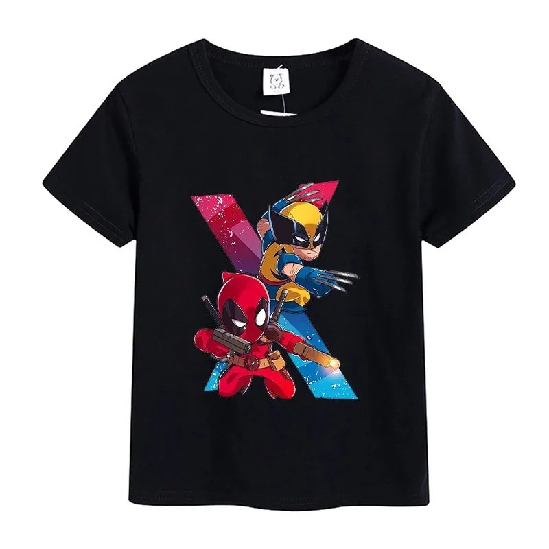 تي شيرت Deadpool Wolverine صيفي بأكمام قصيرة من فيلم Disney Marvel مطبوع عليه رسوم متحركة للأطفال تي شيرت قطني للأطفال الصغار هدية للأطفال