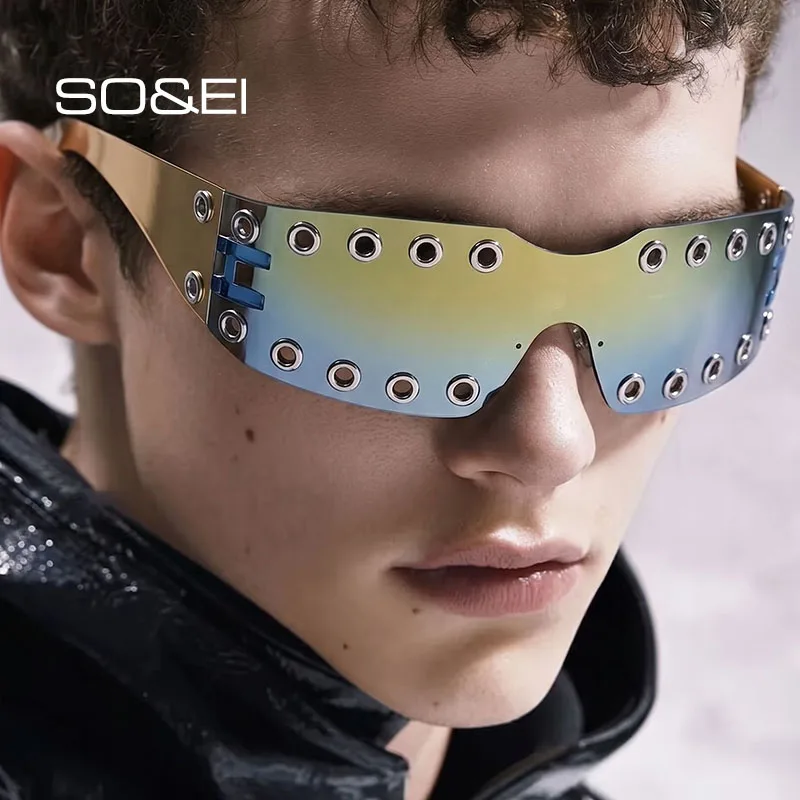 SO&EI Unique Hip Hop Metal Rivet Punk Hollowed One-Piece Perform Y2K Sunglasses