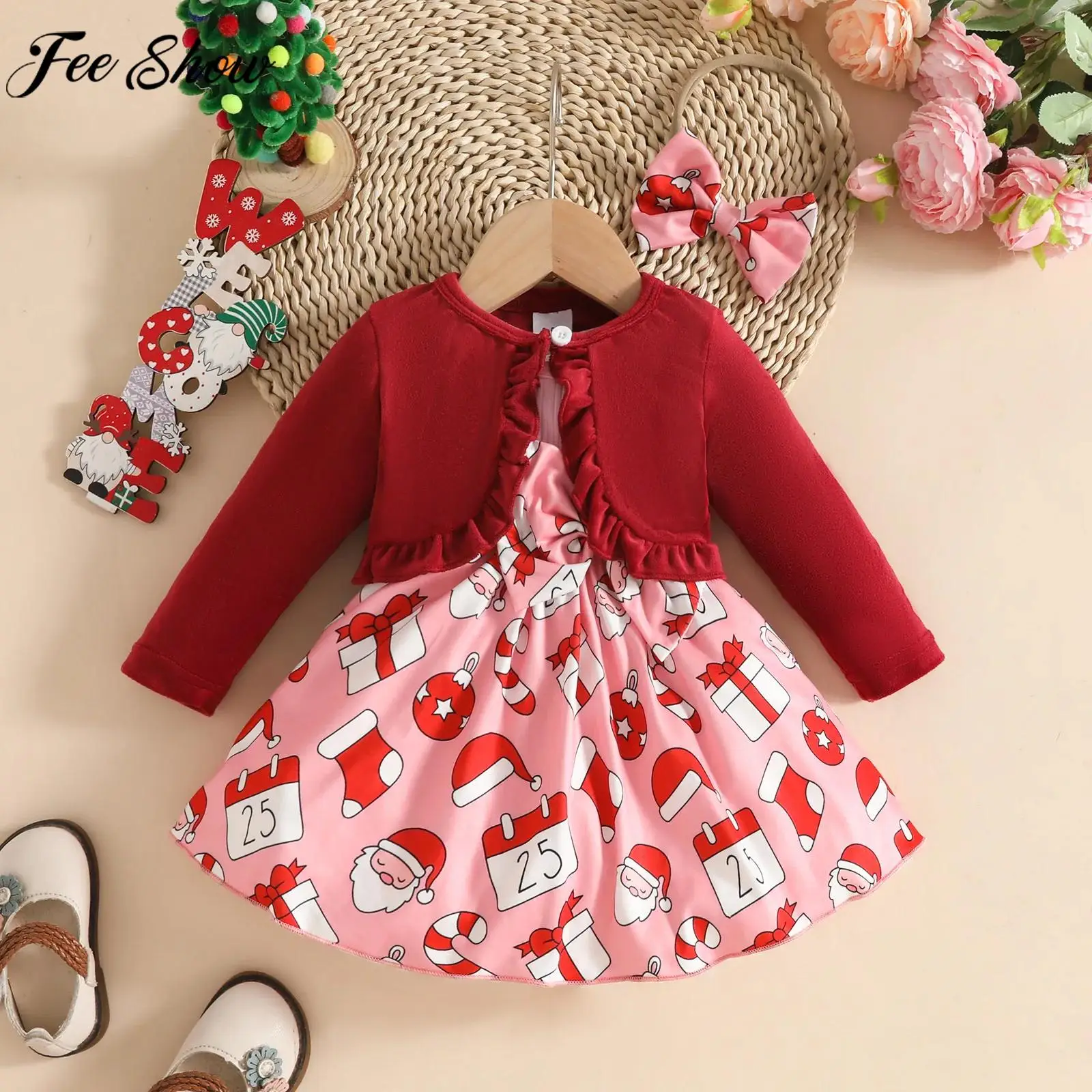 

Baby Girls Christmas Party Costume Long Sleeve Velvet Cardigan with Sleeveless Bow Xmas Print Dress Headband Photography Clothes