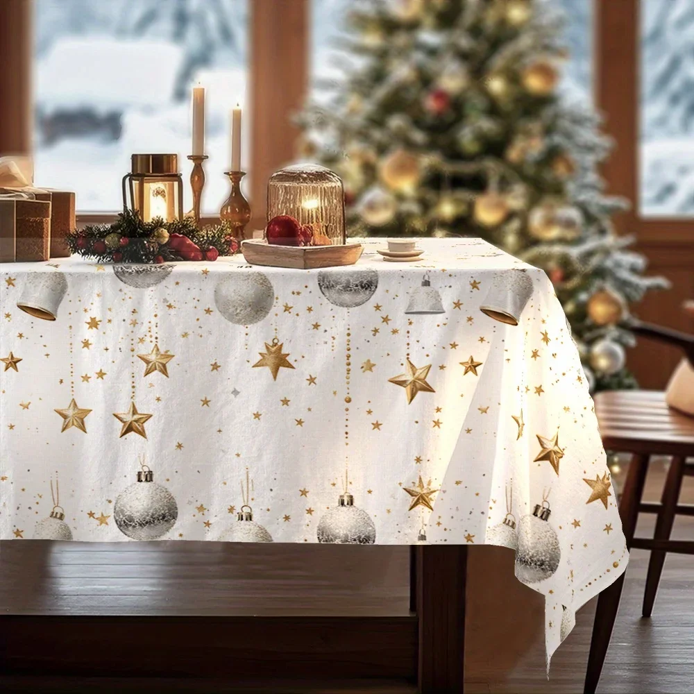 1-piece Christmas, winter ice tablecloth, white decoration, star and ball patterns