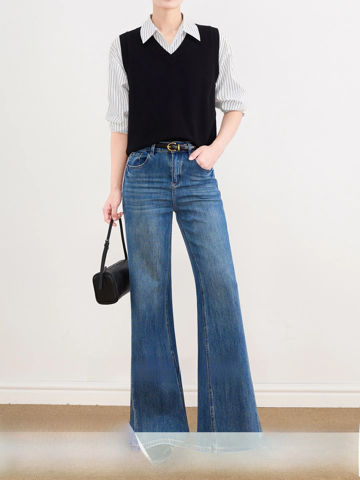 

Blue High Waist Slim Fit Straight Leg Micro Flared Jeans Women's High Elasticity Four-Sided Lenzing Denim Pants Commute Style