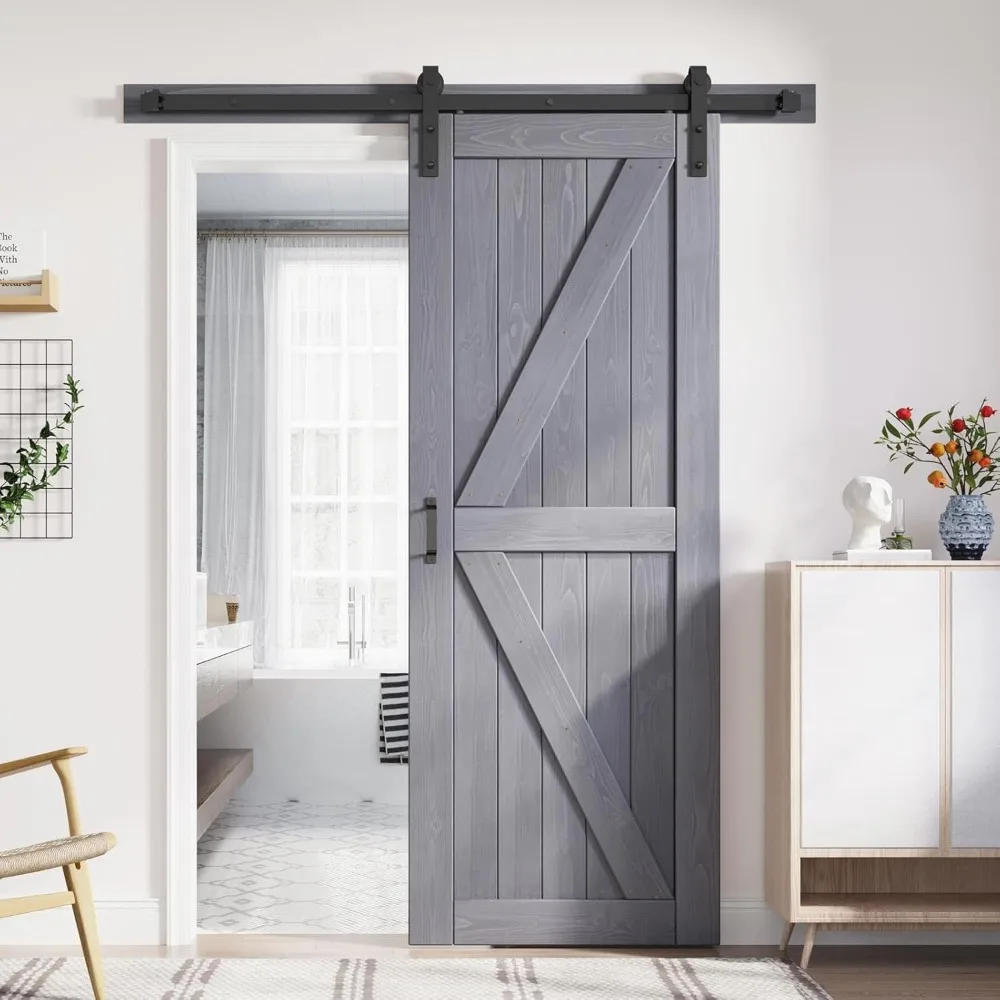 Gray Wood Door Slab with 5.5ft  Barn Door Hardware Track Kit and Handle Floor Guide Included, Double Surfaces prefab house