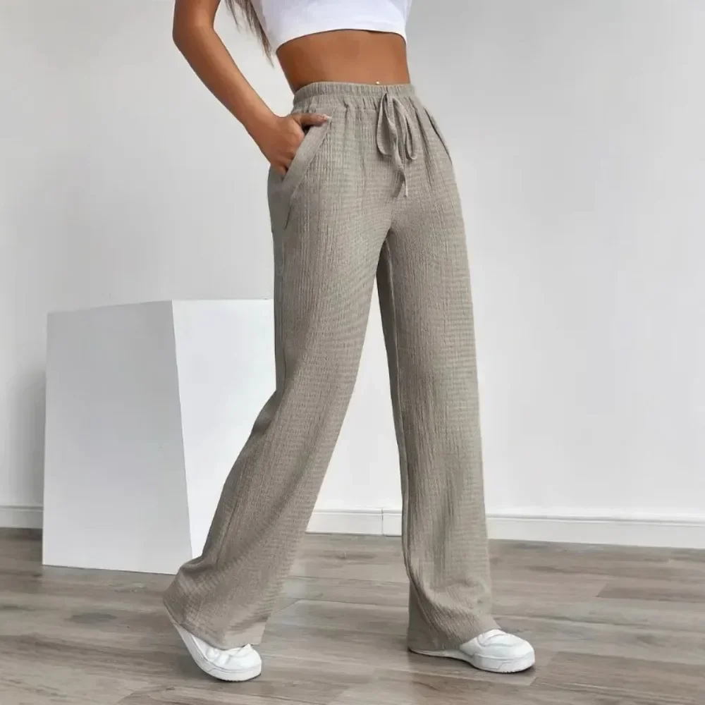 Women Solid Pattern Relaxed Fit Elastic Mid Rise Drawstring Pocket Unisex Pants Neutral Casual Long Trousers Soft Breathable