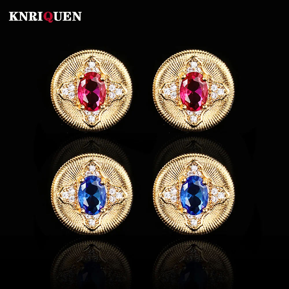 

New Trend Retro 5*7mm Ruby Sapphire Gemstone Stud Earrings for Women Lab Diamond Fine Jewelry Gold Color Accessories Wholesale