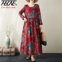 Plus Size Bohemian Print Maxi Long Dresses Ready Stock Dress for Women Floral Casual Cotton Linen Loose Vestidos De Mujer Robe