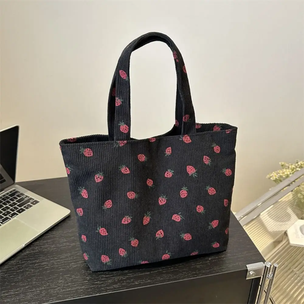 Bolso de mano con estampado de fresa de gran capacidad, bolso de hombro para mujer, bolso de compras de estilo coreano, bolso de pana para exteriores