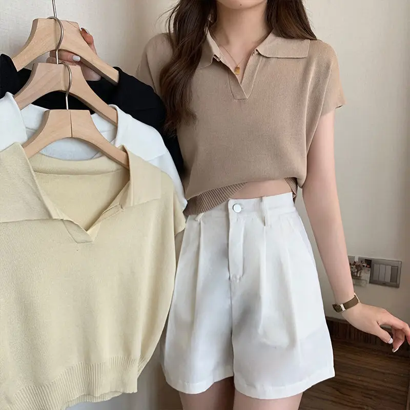 Polo Neck Knitted T-Shirt for Women Summer Loose Casual Top Korean Solid Office Commuter Tops Women\'s Clothing