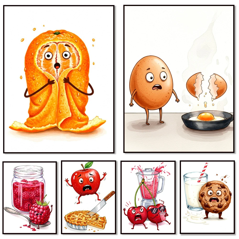 Cupcakes divertidos, huevos extraños, tarro de masón de mermelada de frambuesa, helado derretido, aceite de oliva, ilustración de comida, cartel de cocina humorístico