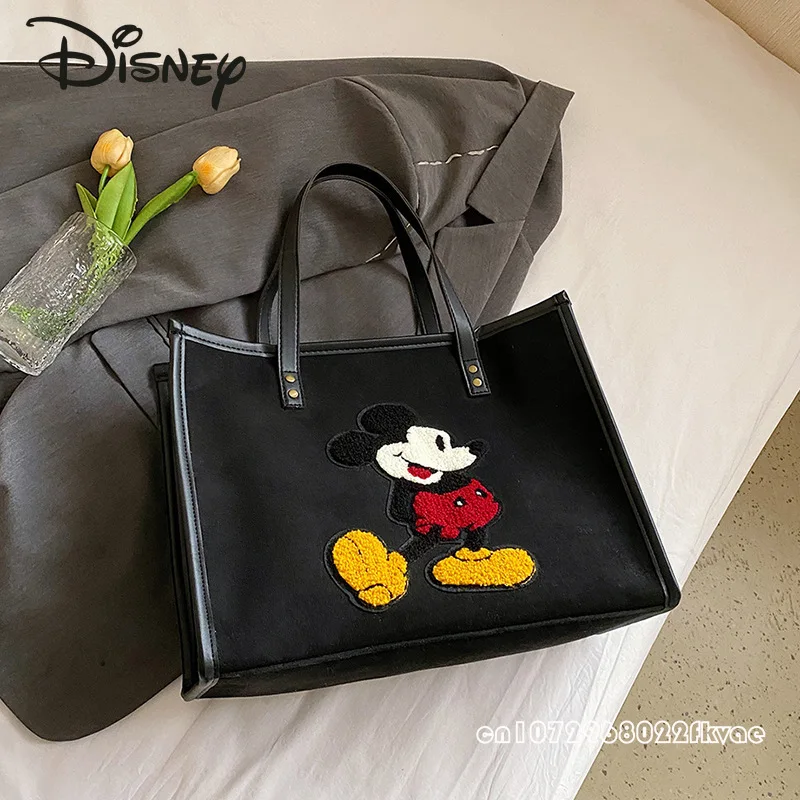 Disney Mickey New Women\'s Handbag Fashionable High Quality Corduroy Women\'s Bag Cartoon Large Capacity Women\'s Shopping Bag