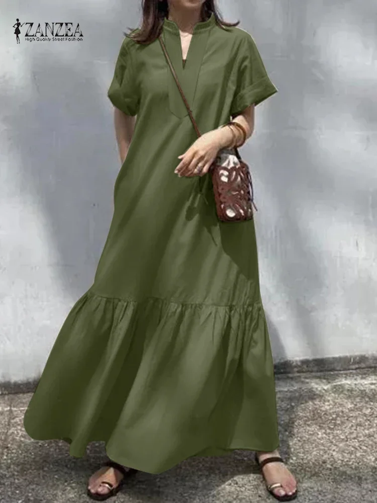

2025 Summer Maxi Long Dress ZANZEA Women Causal V Neck Short Sleeve Vestidos Elegant Maxi Sundress Oversize Robe Holiday Kaftan