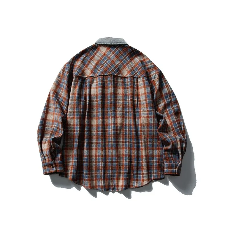 Japanese Korean Streetwear Retro Plaid Denim Patchwork Cargo Shirts for Men Fashion Autumn Long Sleeved Casual Loose Shirt Coat