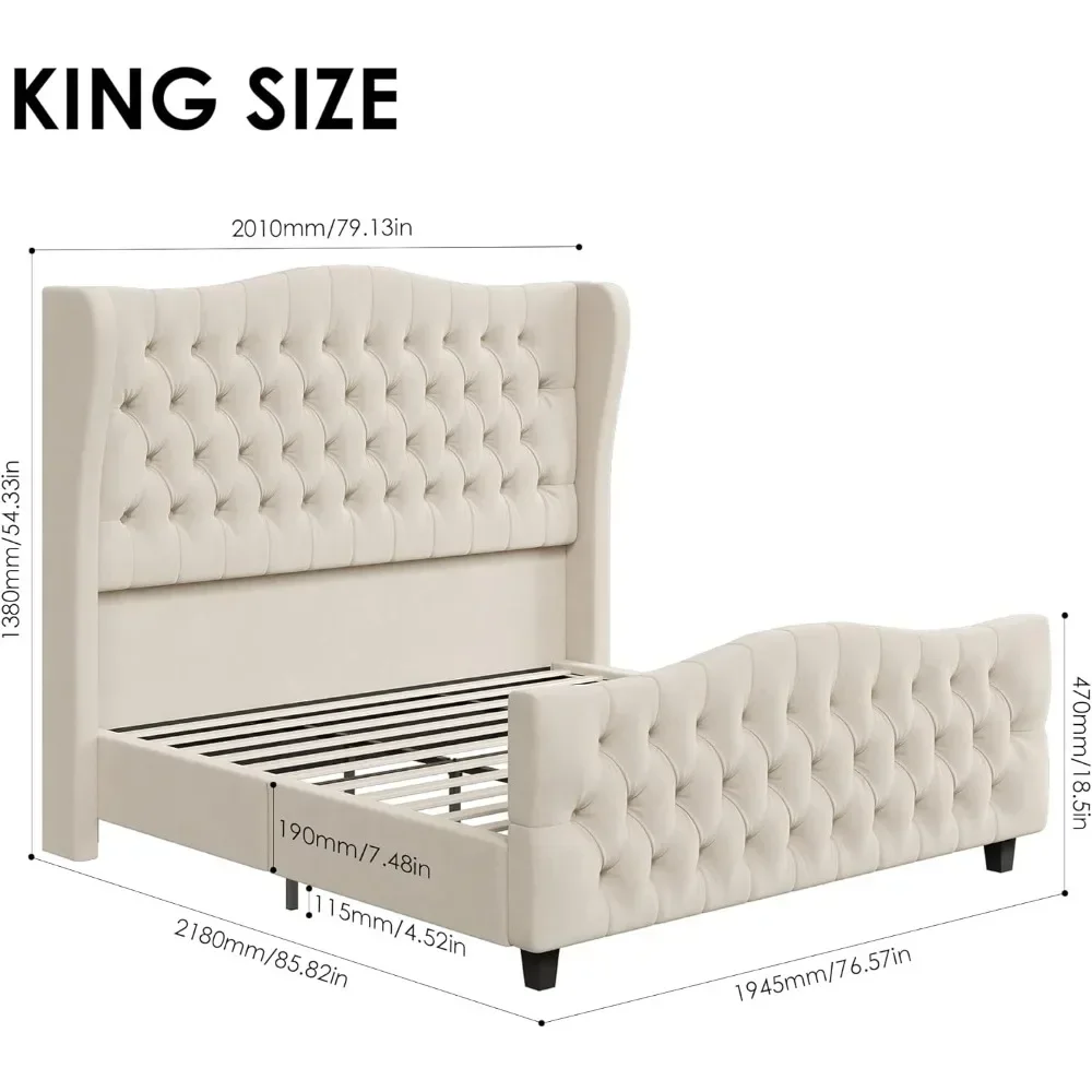King Bed Frame with Velvet Upholstered Deep Button Tufted Wingback Headboard and Footboard, No Box Spring Needed, King Bed Frame image 5