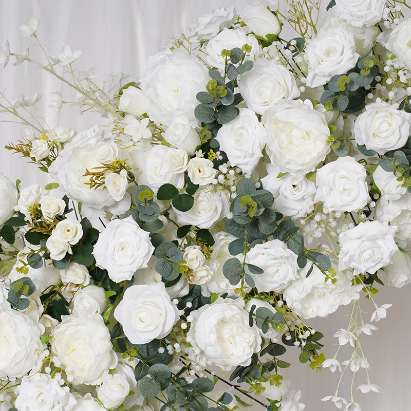 عداء صف زهرة الورد الأبيض، نفس الطفل، أوراق الأوكالبتوس الخضراء، ديكو قوس الزفاف، ترتيب الأزهار مع الإطار، دعامة الحدث #3