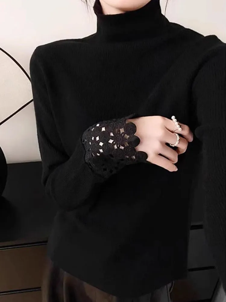 신상 슬리 홀로우 아웃 롱 슬리브 하이 칼라 니트 스웨터 슬림 핏 패셔너블 베이스 레이어 편안한 컬러 탑