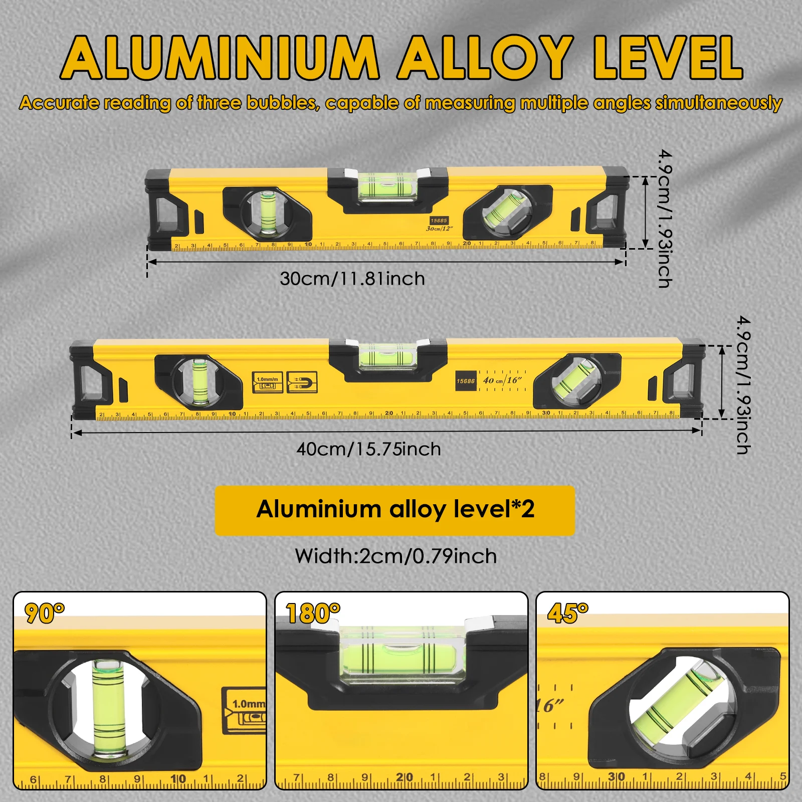 2Pcs Aluminium Alloy Magnetic Spirit Level Anti Slip High Precision Torpedo Measuring Tool With 45° 90° 180° Bubble for Hanging