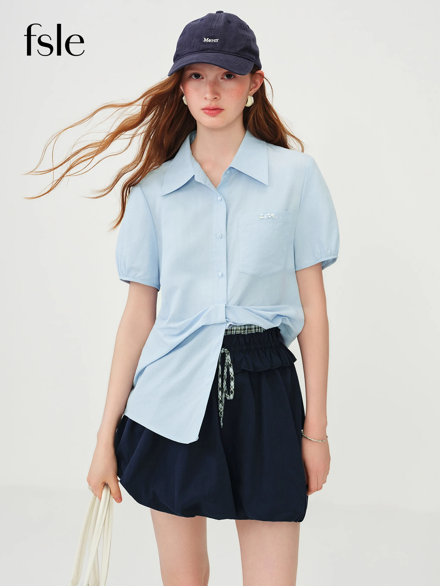 

FSLE 2026 Summer Women's Relaxed Fit Shirt Puff Sleeve and Twist Detail - Fresh Vacation Style Top for Daily