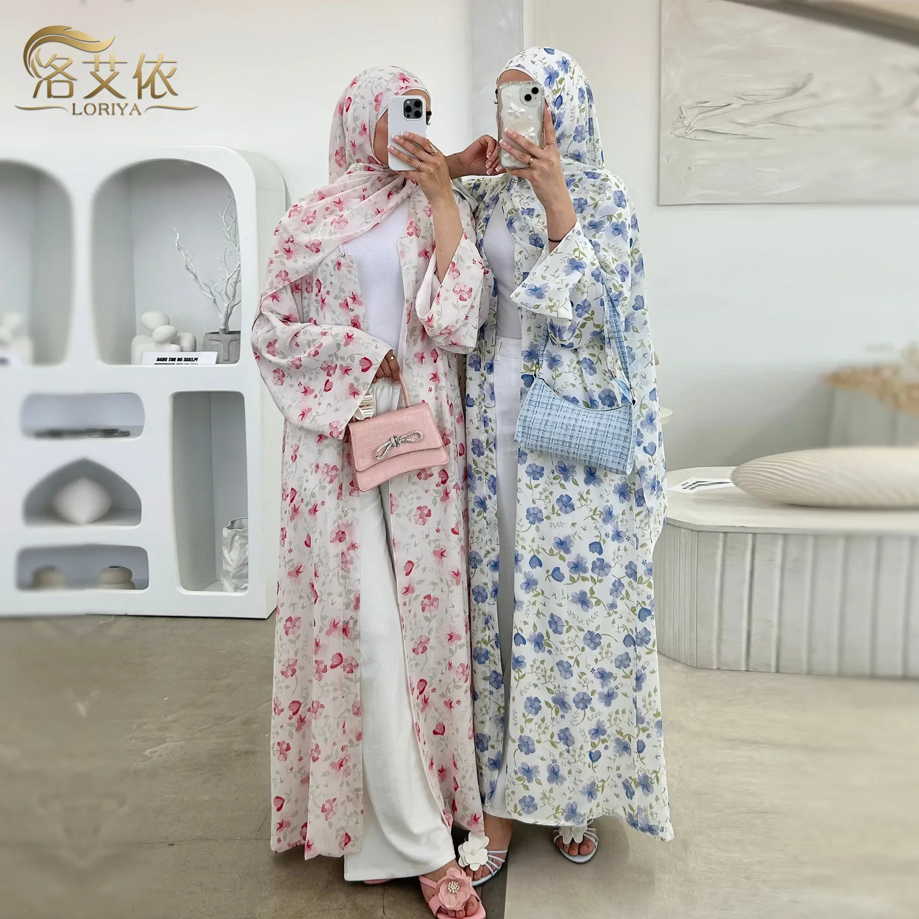 Muçulmano Dubai Floral Flor Impresso Dupla Camada Design Chiffon Cardigan Roba Abaya Vestido Longo Solto