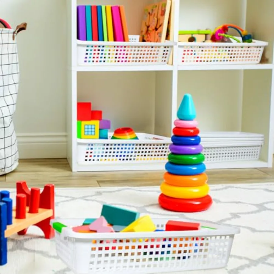 8 упаковок корзин для хранения в классе размером 15 x 10 x 3 дюйма, большие пластиковые лотки для классной бумаги с ручкой, размер буквы, бумажная корзина для игрушек формата А4