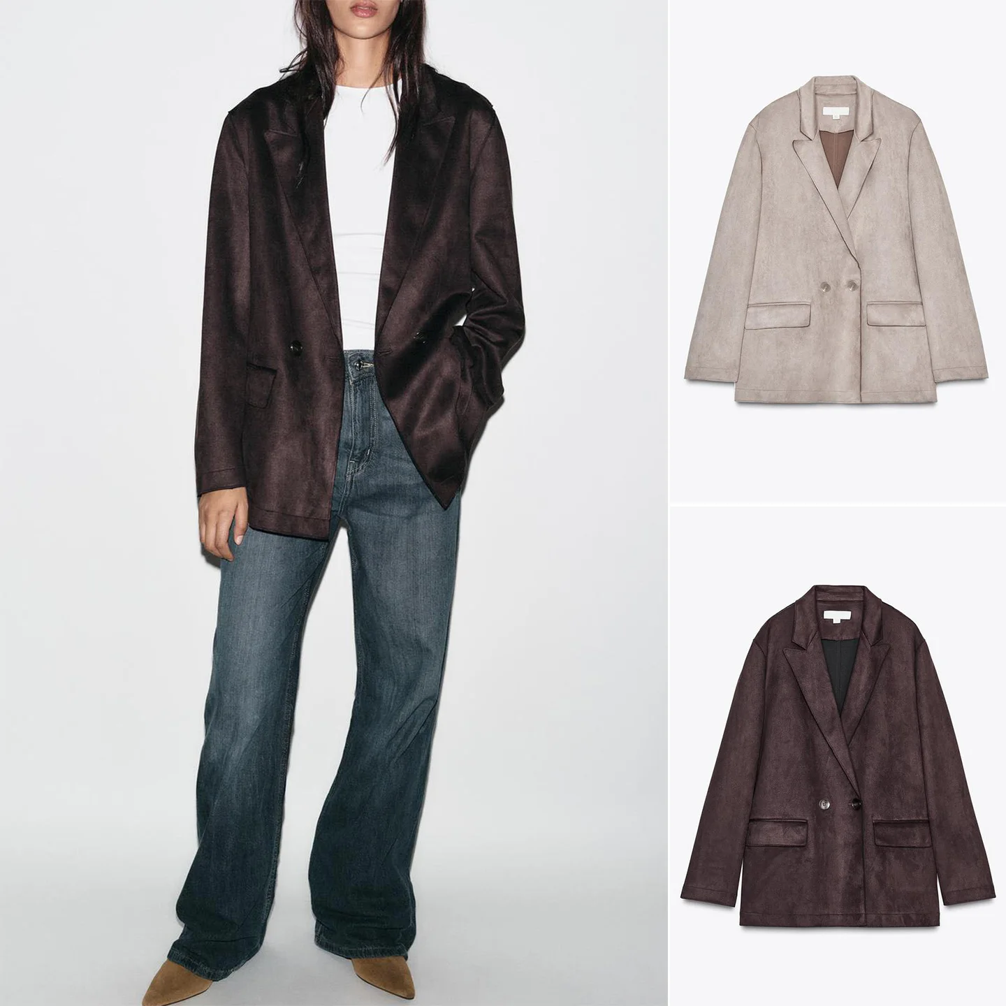 

Autumn New Women's Long Sve Notch Collar ket Detail Faux Leather Effect Suit Jaet Casual Polyester Fiber Double Breasted