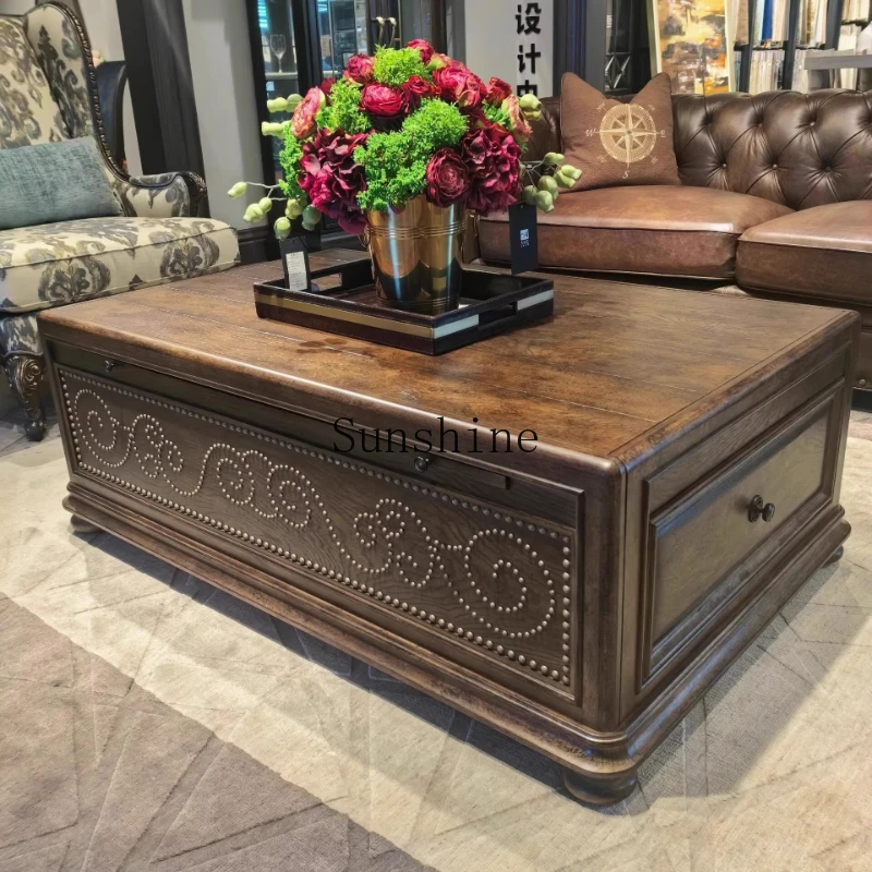 

Furniture Oak Whiskey Coffee Table American Solid Wood Carving Square Rivet Coffee Table